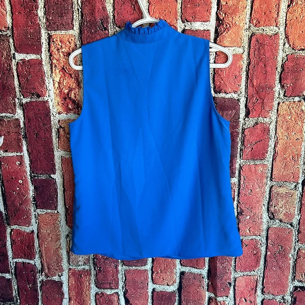 J Crew Shirt Womens 6 Blue Sleeveless Half Button Up Ruffle Polyester Large